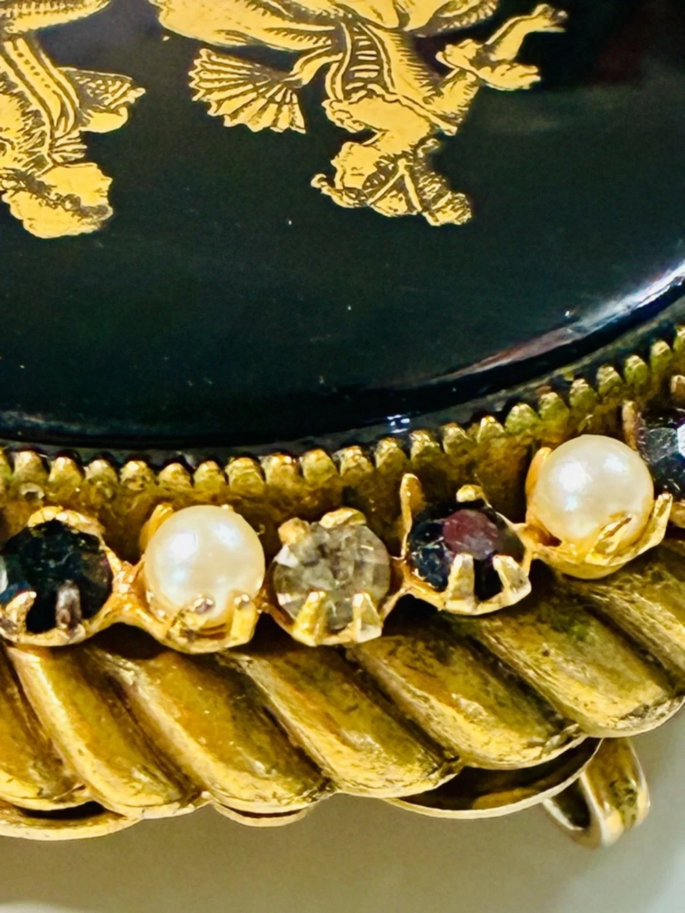 VTG Original By Robert Black and Gold Enamel Brooch with Pearls Courting Scene